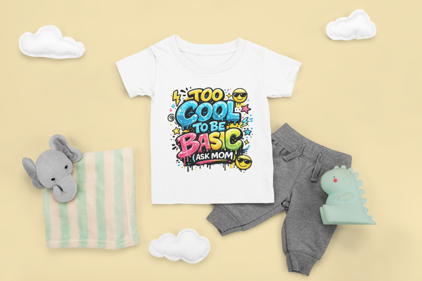 “Too Cool to Be Basic (Ask Mom)” Kids Graphic Tee